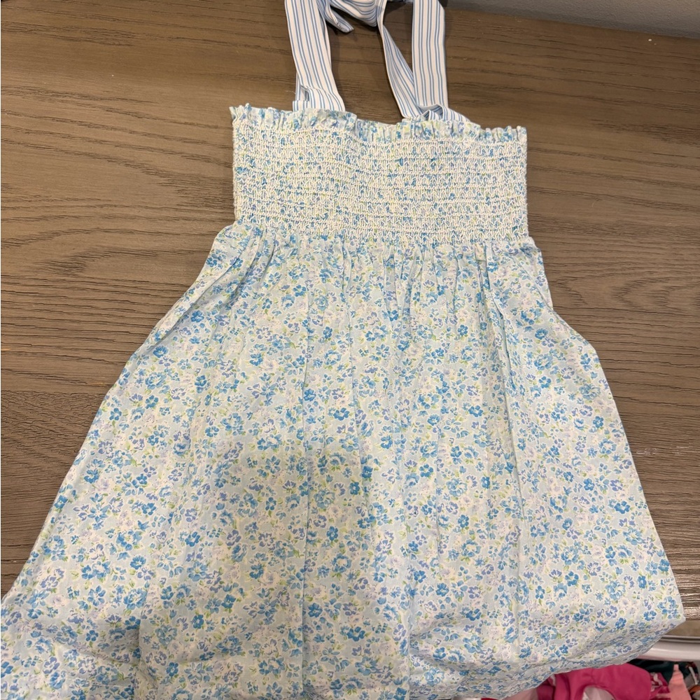 Classic Whimsy Blue Floral Smocked Top with Striped Ties